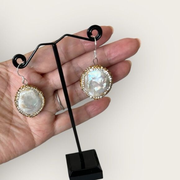 Large round pearl earrings silver stamped .925 - Picture 2 of 6